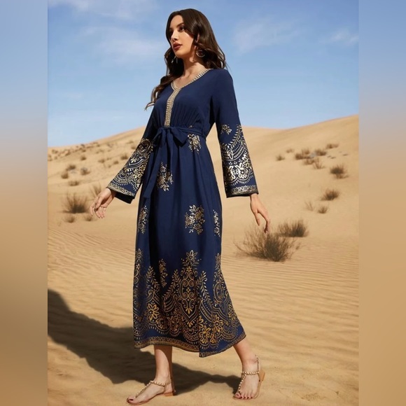 Gold Floral Print Contrast Tape Belted Kaftan Maxi Dress - Picture 4 of 10